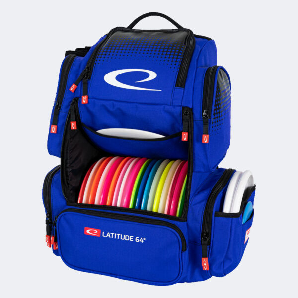 Latitude 64° Luxury Backpack blau von vorne Tasche geöffnet